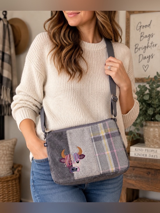Earth Squared Handbags - Earth Squared Highland Cow Crossbody Bag Plaid Tweed Fair Trade Purse